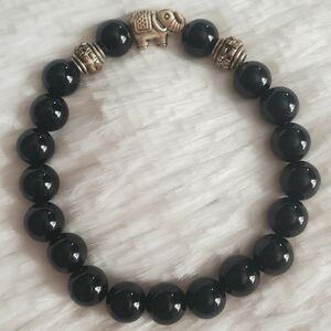Black Stone Beaded Bracelet with Elephant